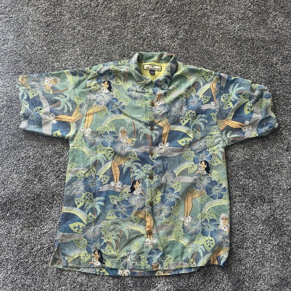Tommy Bahama Shirt Mens Medium Blue Green Floral Hula Girl Hawaiian Silk Relax - Picture 1 of 16